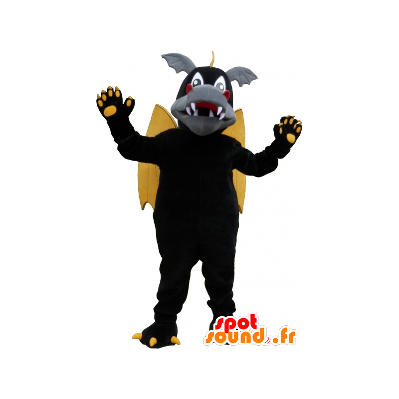 Drago alato mascotte nero, grigio e giallo - MASFR032629 - Mascotte drago