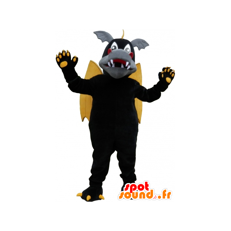 Bevingad drakemaskot svart, grå och gul - Spotsound maskot