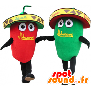 2 mascottes reus groene en rode paprika. Mascot Couple - MASFR032655 - Vegetable Mascot