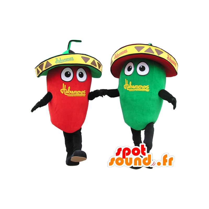 2 gigantiske grønne og røde chili maskotter. Par maskot -