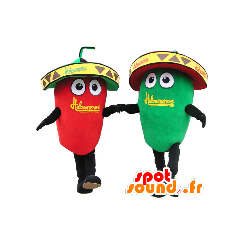 2 mascottes de piment vert et rouge géant. Couple de mascotte - MASFR032655 - Mascotte de légumes