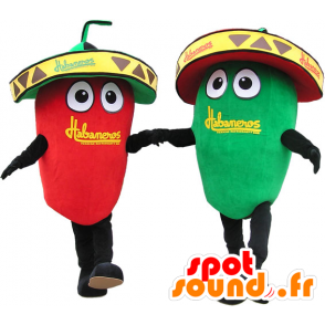 2 gigantiske grønne og røde chili maskotter. Par maskot -