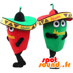 2 mascottes reus groene en rode paprika. Mascot Couple - MASFR032655 - Vegetable Mascot