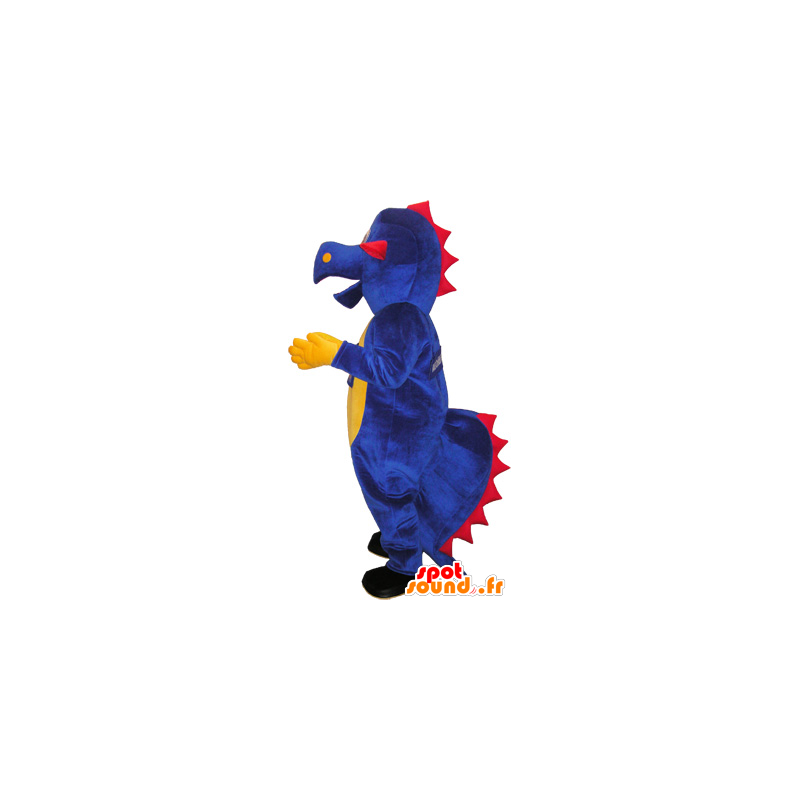 Mascote dinossauro roxo com um chapéu e gravata