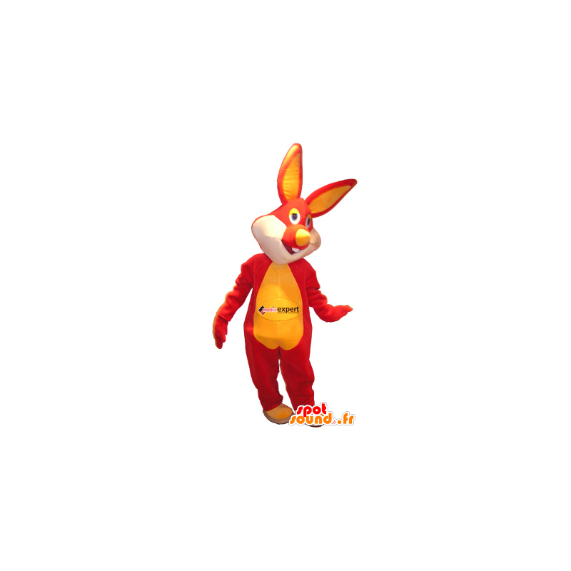 Mascotte de lapin rouge et jaune avec les yeux colorés - MASFR032670 - Mascotte de lapins