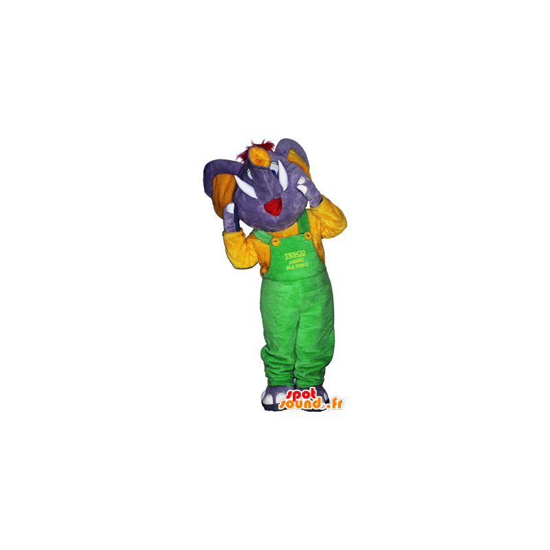 Mascot grauer Elefant mit einem neon grünen Overalls - MASFR032675 - Elefant-Maskottchen