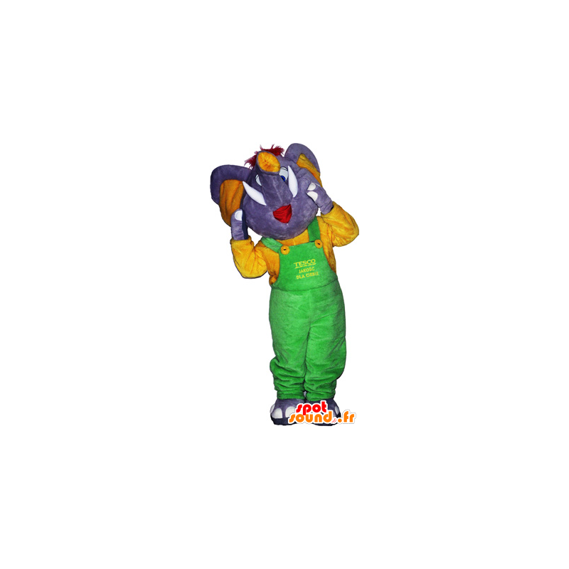 Mascotte grijze olifant met een neon groene overalls - MASFR032675 - Elephant Mascot