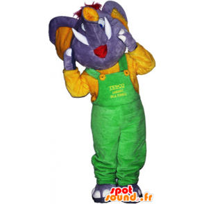 Mascot grauer Elefant mit einem neon grünen Overalls - MASFR032675 - Elefant-Maskottchen