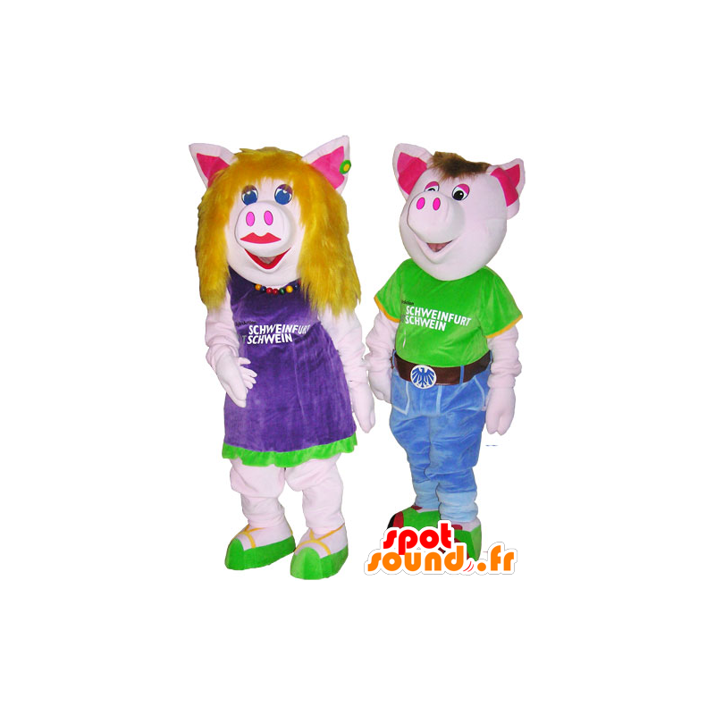 2 mascots pig man and woman in colorful outfits - MASFR032682 - Mascots woman