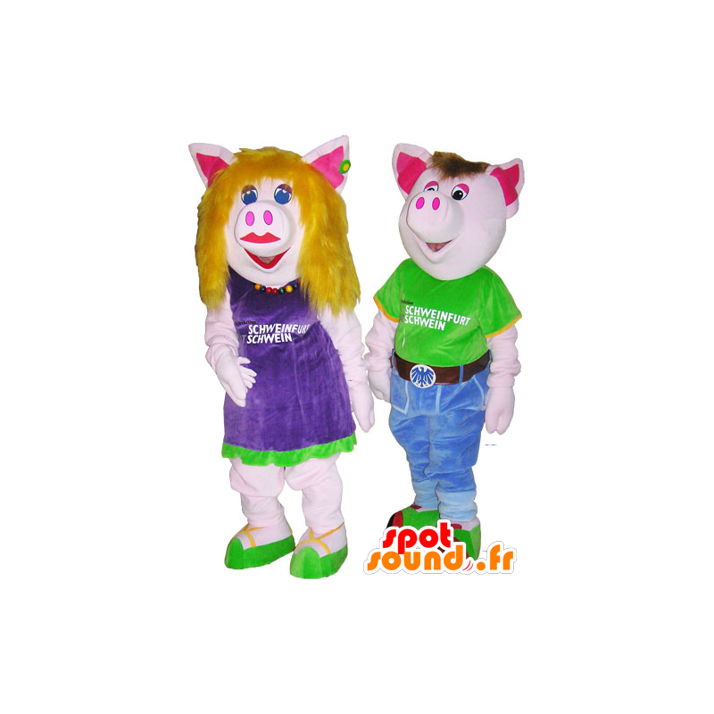 2 maskoti prase muž a žena v barevné oblečení - MASFR032682 - ženské Maskoti