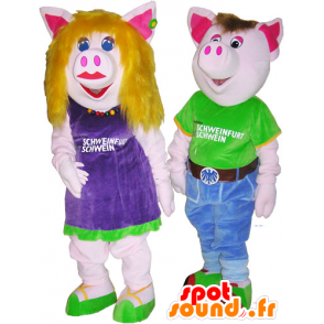 2 Maskottchen Schwein Mann und Frau in bunten Outfits - MASFR032682 - Maskottchen-Frau