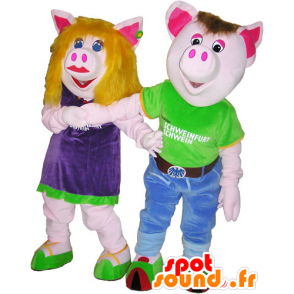 2 mascottes de cochons homme et femme, en tenues colorées - MASFR032682 - Mascottes Femme