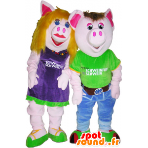 2 mascots pig man and woman in colorful outfits - MASFR032682 - Mascots woman