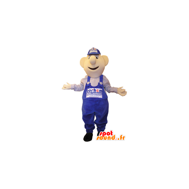 Snowman mascot in blue overalls and cap - MASFR032686 - Human mascots