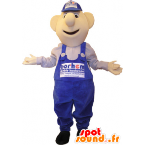 Snowman mascot in blue overalls and cap - MASFR032686 - Human mascots