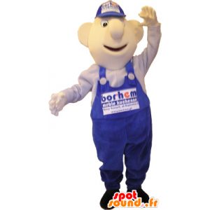 Snowman mascot in blue overalls and cap - MASFR032686 - Human mascots