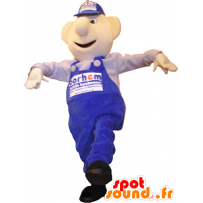 Snowman mascot in blue overalls and cap - MASFR032686 - Human mascots