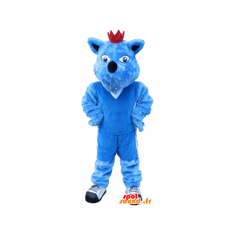 Blauwe hond mascotte met een kroon. blauw dier mascotte - MASFR032691 - Dog Mascottes