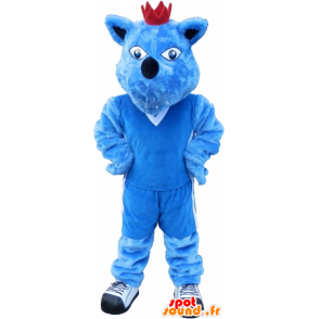 Mascotte cane blu con una corona. blu mascotte animale - MASFR032691 - Mascotte cane
