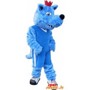 Blauwe hond mascotte met een kroon. blauw dier mascotte - MASFR032691 - Dog Mascottes