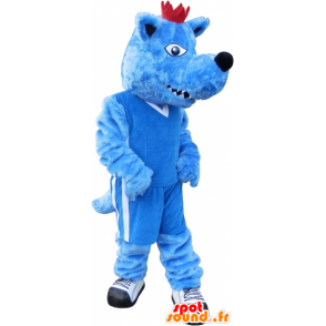 Blauwe hond mascotte met een kroon. blauw dier mascotte - MASFR032691 - Dog Mascottes