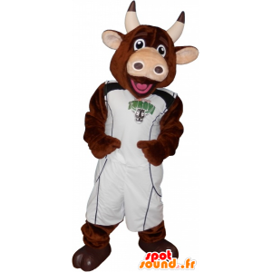 Mascotte mucca marrone con il basket tenendo - MASFR032692 - Mucca mascotte