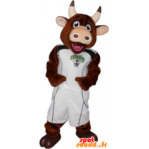 Brązowa krowa maskotka z trzymającym koszykówki - MASFR032692 - Maskotki krowa