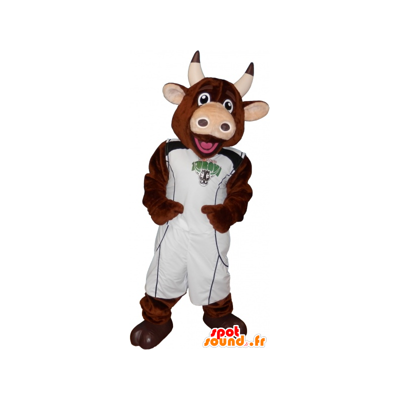 Mascotte mucca marrone con il basket tenendo - MASFR032692 - Mucca mascotte