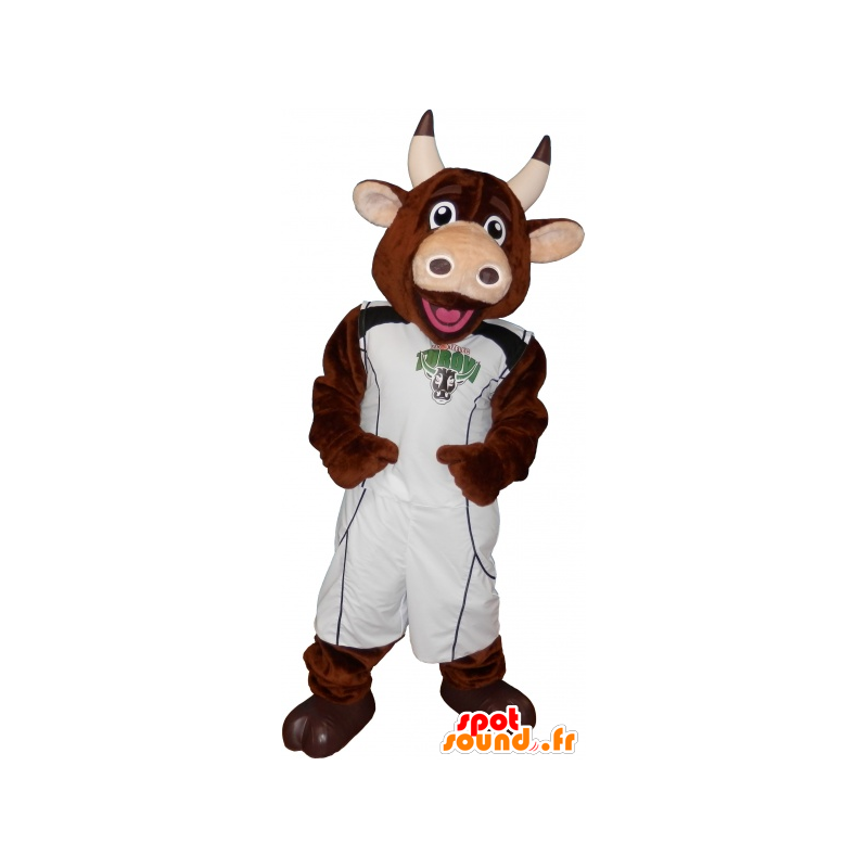 Mascote vaca marrom com um basquetebol de retenção - MASFR032692 - Mascotes vaca