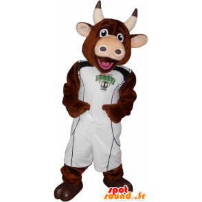 καφέ αγελάδα μασκότ με το μπάσκετ εκμετάλλευση - MASFR032692 - Μασκότ αγελάδα