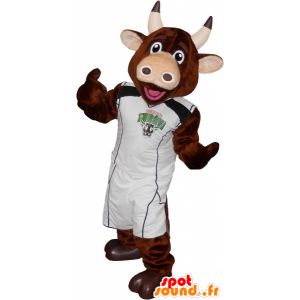 Mascota de vaca marrón con la celebración de baloncesto - MASFR032692 - Vaca de la mascota