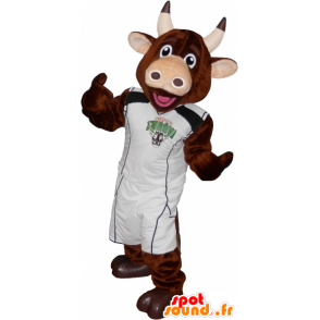 Mascotte mucca marrone con il basket tenendo - MASFR032692 - Mucca mascotte