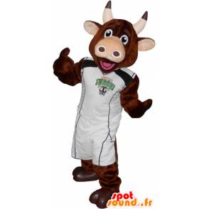 Mascote vaca marrom com um basquetebol de retenção - MASFR032692 - Mascotes vaca