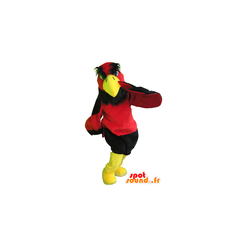 Mascotte de vautour rouge et jaune avec un short noir - MASFR032698 - Mascotte d'oiseaux