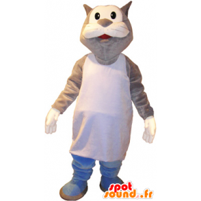 Mascotte de gros chat gris et blanc en marcel - MASFR032720 - Mascottes de chat