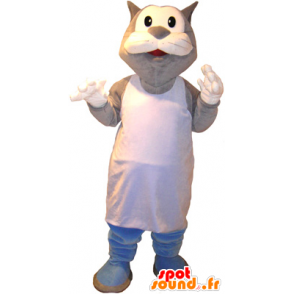 Mascotte de gros chat gris et blanc en marcel - MASFR032720 - Mascottes de chat