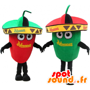 2 mascottes reus groene en rode paprika. mascottes Couple - MASFR032721 - Vegetable Mascot