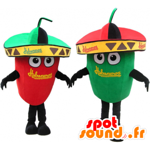 2 mascottes de piments vert et rouge géants. Couple de mascottes - MASFR032721 - Mascotte de légumes