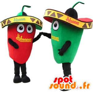 2 mascottes reus groene en rode paprika. mascottes Couple - MASFR032721 - Vegetable Mascot