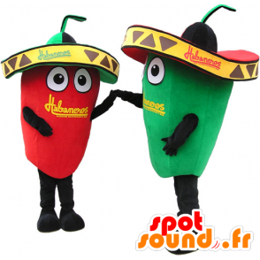 2 mascotes gigantes pimentos verdes e vermelhas. mascotes Casal - MASFR032721 - Mascot vegetal
