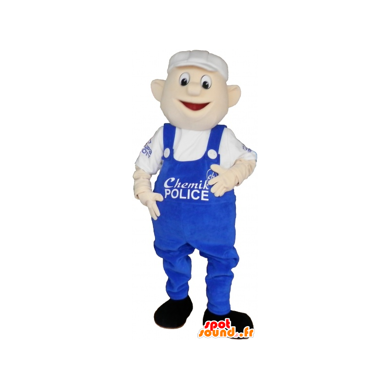 Snowman mascot in blue overalls and white cap - MASFR032741 - Human mascots