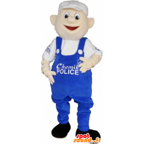 Snowman mascot in blue overalls and white cap - MASFR032741 - Human mascots