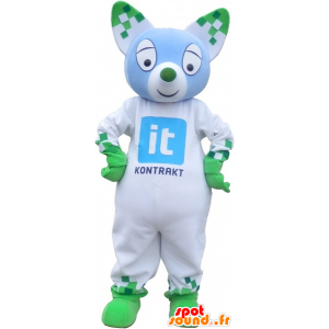 Bianco e verde gatto mascotte con le orecchie a punta - MASFR032746 - Mascotte gatto