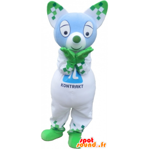 Bianco e verde gatto mascotte con le orecchie a punta - MASFR032746 - Mascotte gatto