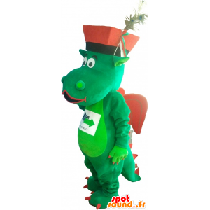 La mascota dragón verde y rojo con un sombrero - MASFR032748 - Mascota del dragón