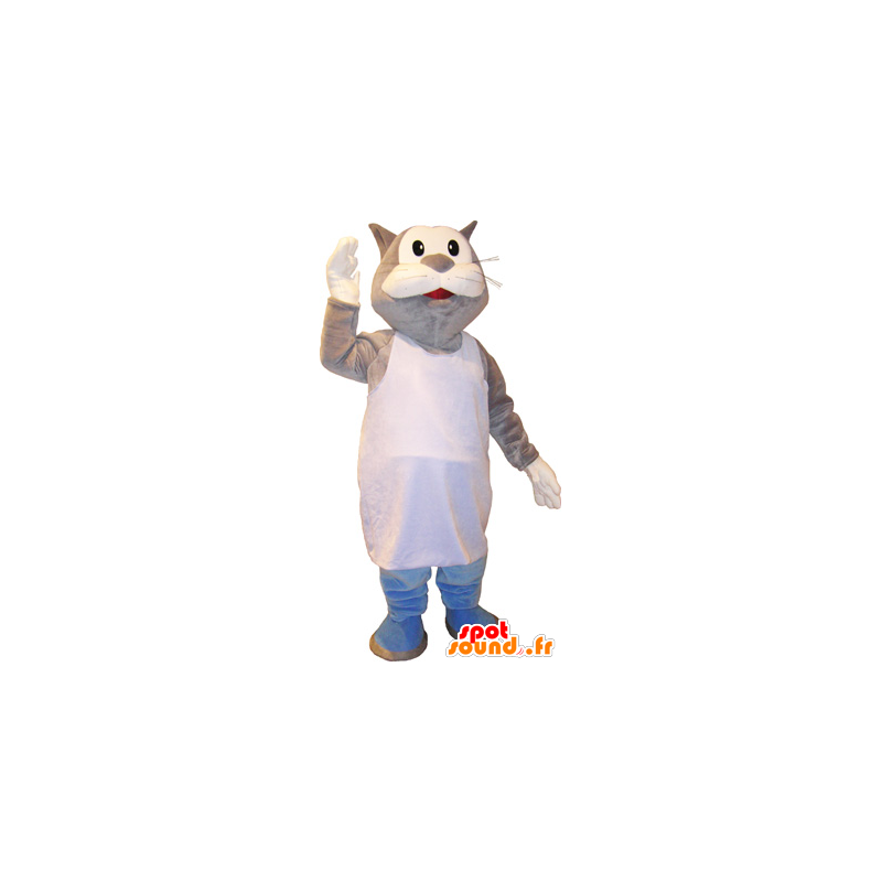 Mascotte de chat gris et blanc géant en marcel - MASFR032750 - Mascottes de chat
