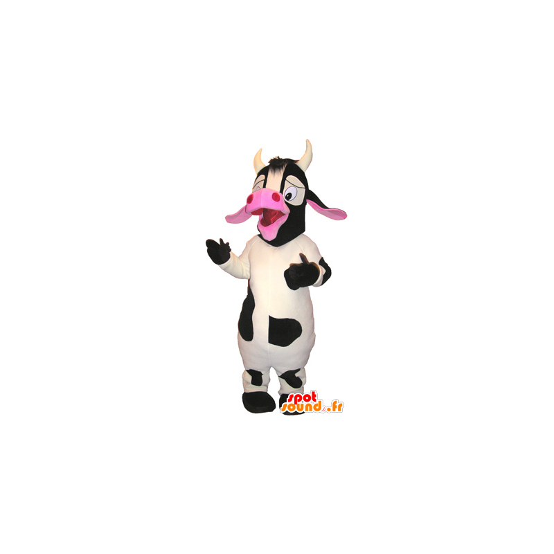 Stor ko maskot hvid, sort og lyserød - Spotsound maskot