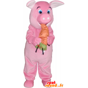 Mascotte maiale rosa con una carota arancione - MASFR032763 - Maiale mascotte