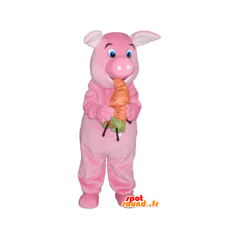 Rosa Schwein-Maskottchen mit einem orangefarbenen Karotte - MASFR032763 - Maskottchen Schwein