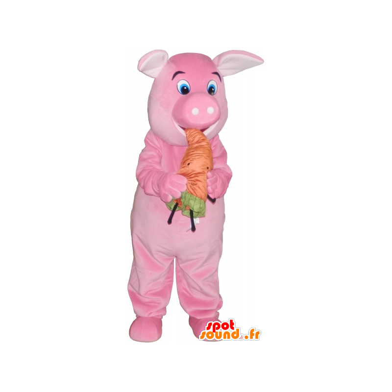 Roze varken mascotte met een oranje wortel - MASFR032763 - Pig Mascottes